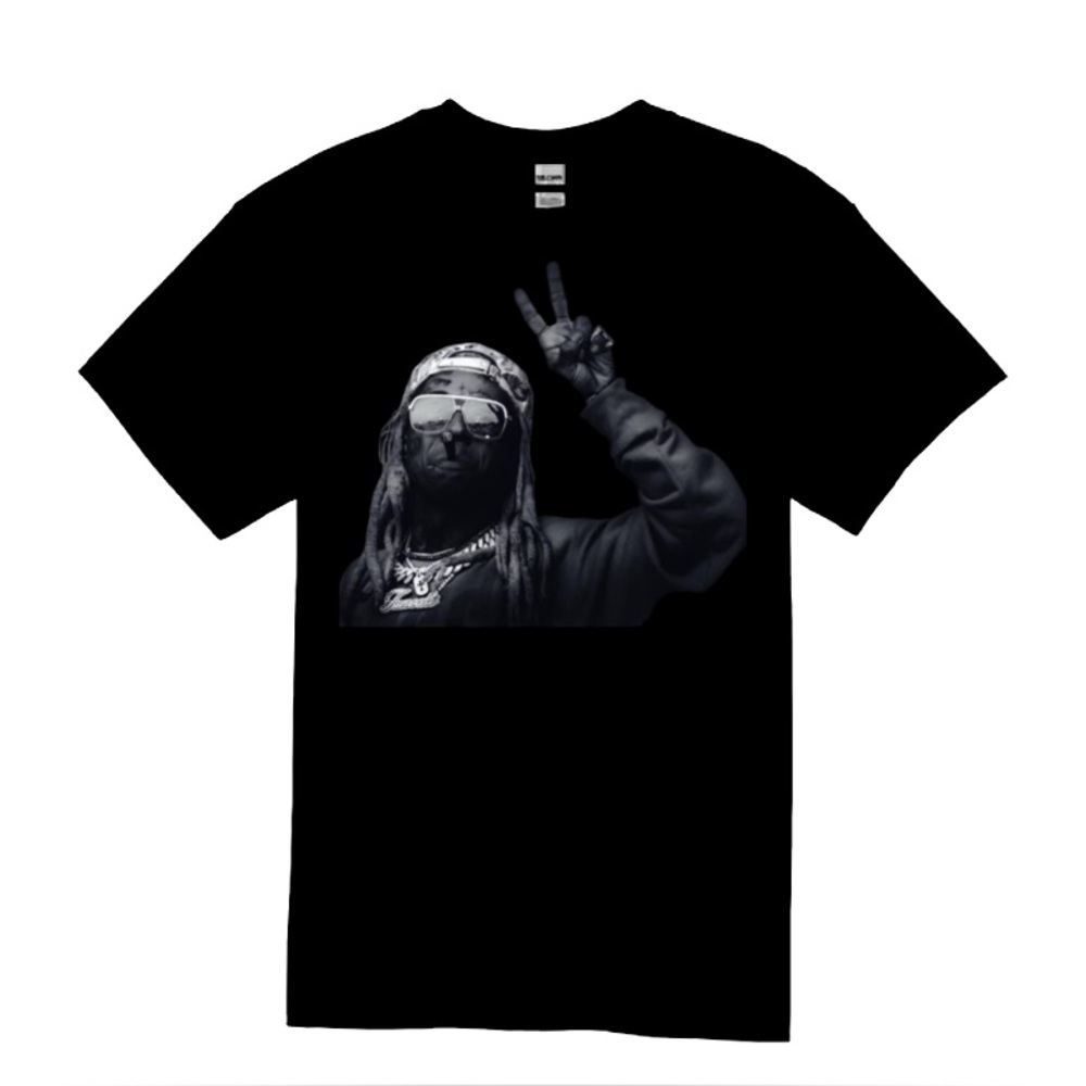 Black Graphic T-Shirt with Lil Wayne Peace Sign